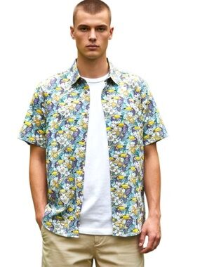International Report Teal/Yellow Toucan Slim Fit Stretch Short Sleeve Shirt (M)